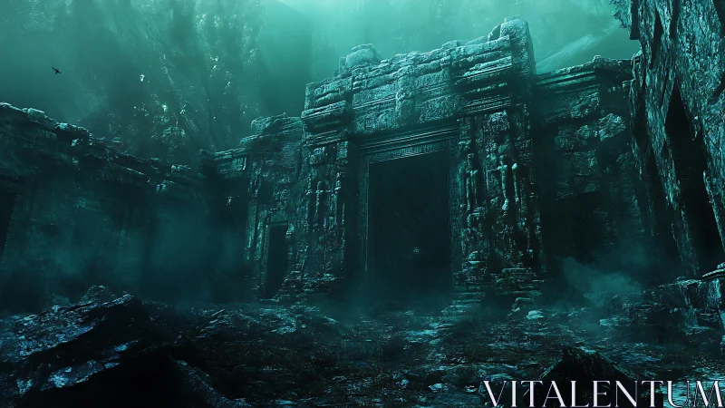 Sunken emerald temple doorway in quiet ocean gloom.