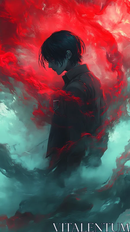 Stormlit loner draped in red and teal spectral tempest.