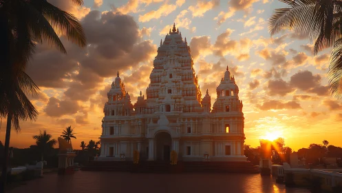 Temple structure stands against low sun and clouded sky