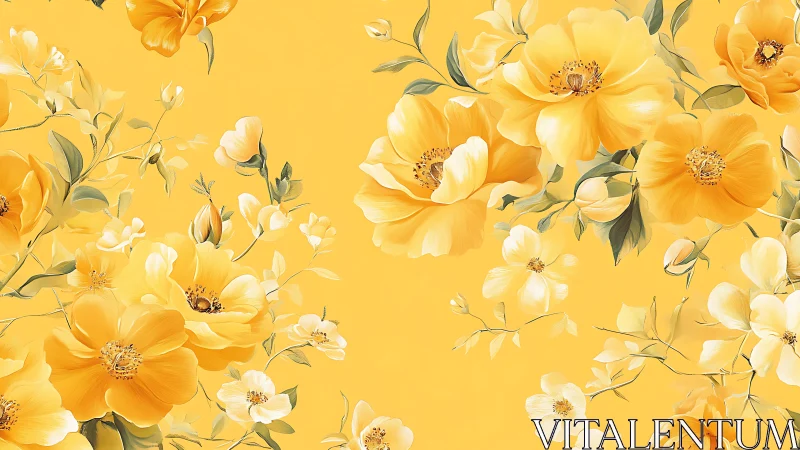 Yellow Floral Composition with Blooming Flowers on Monochromatic Background