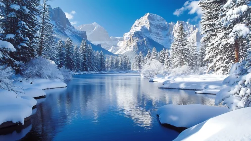 Snow-laden alpine river framed by pines and granite peaks.