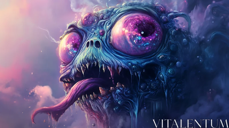 Surreal cosmic monster portrait with iridescent ocular focus.