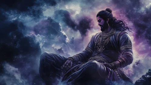 Cosmic warrior prince resting within swirling nebula clouds.