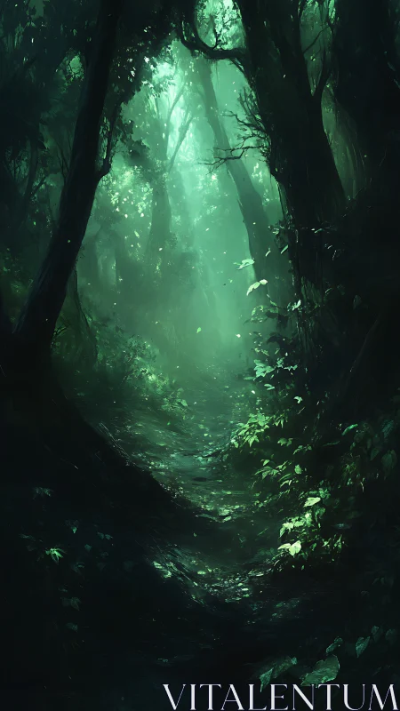Emerald Cathedral: Ancient Forest Pathway Bathed in Mystical Light.