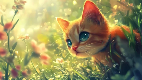 Ginger Cat in Sunlit Flower Meadow.