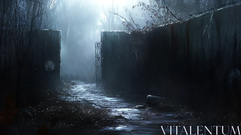 Rain-soaked abandoned gate corridor rendered in cinematic chiaroscuro