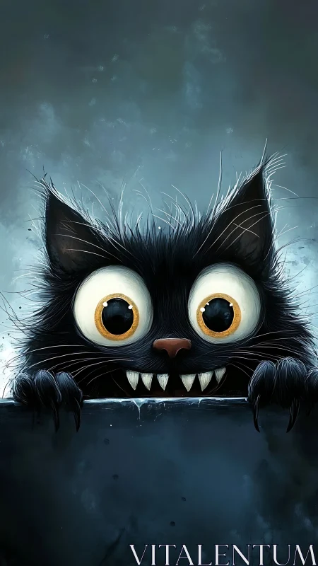 Wide-eyed black feline with exaggerated teeth and claws.