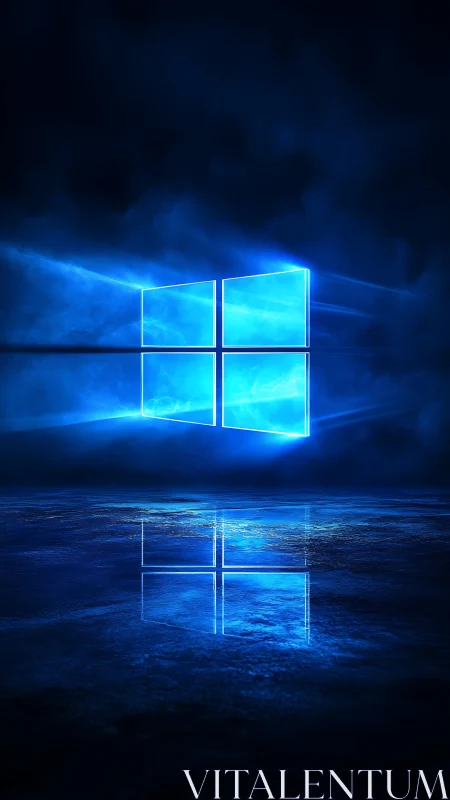Glowing blue window logo over reflective dark surface.