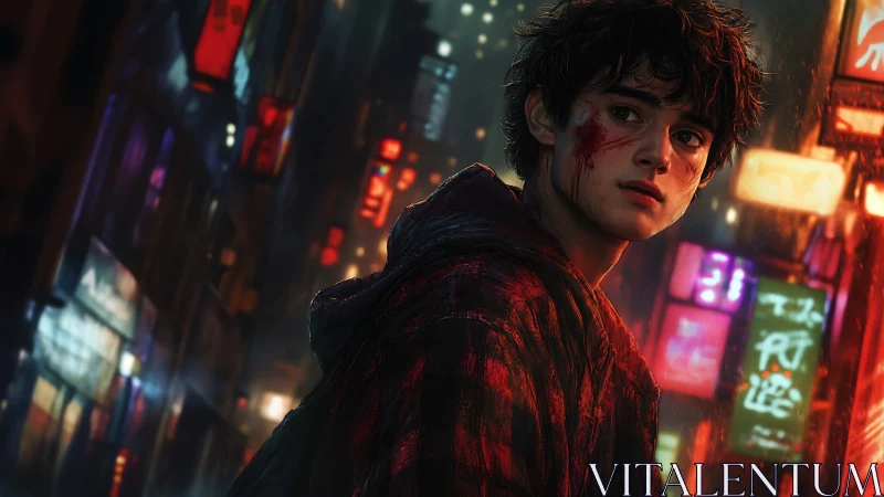 Bloodstreaked youth in neon-saturated nocturnal streetscape.