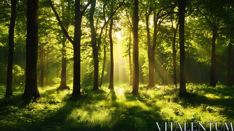 Sunlight Streaming Through Lush Green Forest in Tranquil Morning.