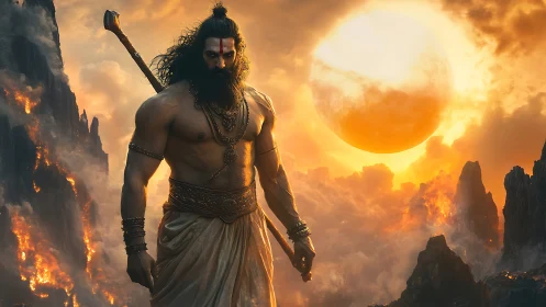 Mythic warrior stands before burning sun and cliffs.