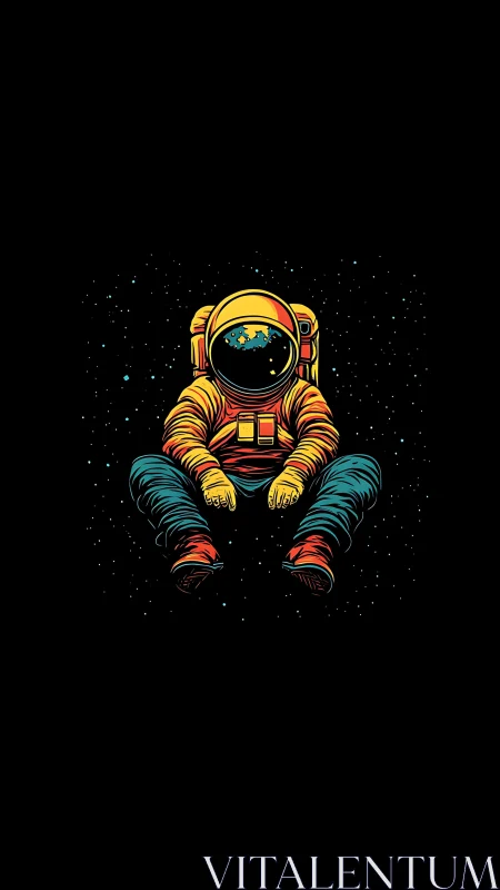 Lonely seated astronaut floating against deep star field.