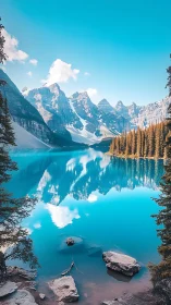 Photorealistic alpine lake panorama with mirrored peaks.