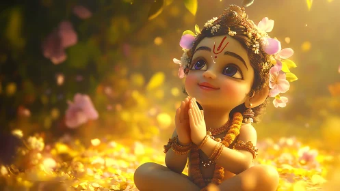 Divine child figure in golden bokeh garden, hands in prayer.