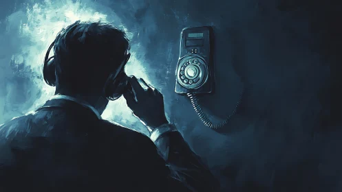 Shadowed listener with rotary phone in cool cyan glow.