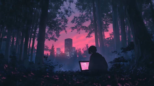 Person using laptop in dense forest overlooking neon city