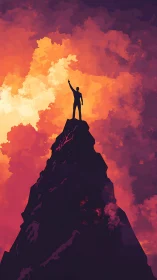 Silhouetted climber crowns jagged peak beneath incandescent sky