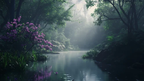 Misty forest gorge with magenta flowering shrubs and water.