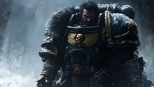 Armored space warrior in icy fortress battle stance.