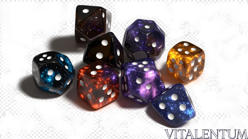 Cosmic polyhedral dice scattered in luminous galaxy hues.