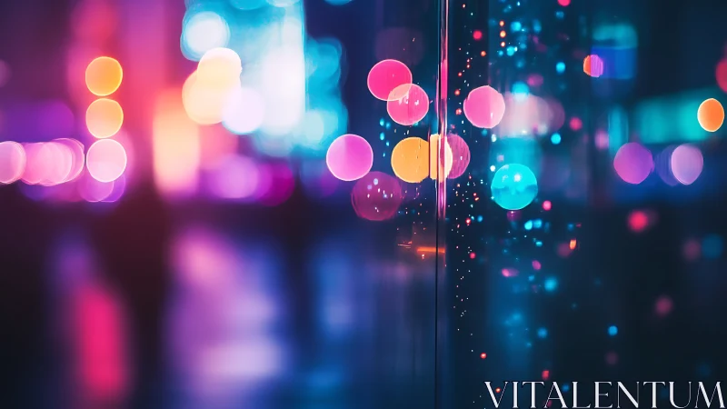 Defocused urban light bokeh reflects on vertical glass surface