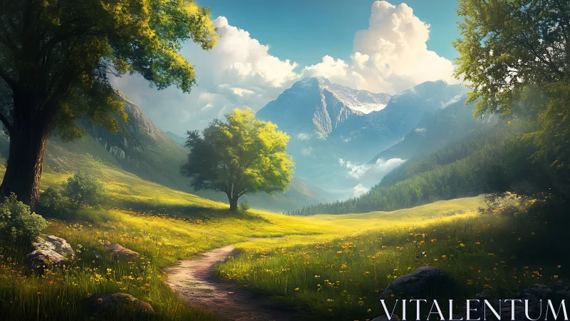 Sunlit alpine valley path under dramatic cumulus cloudscape