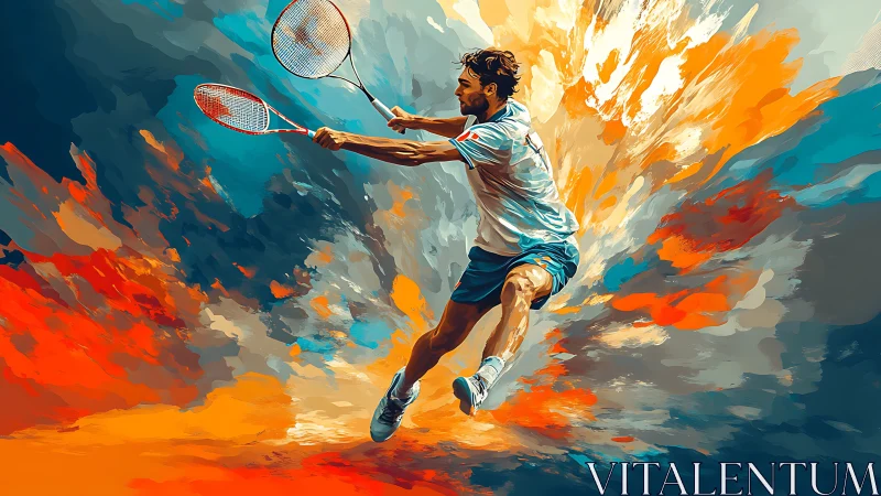 Explosive badminton rally amid swirling abstract colors.