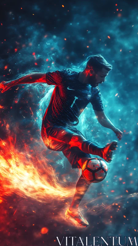 Blazing footballer striking through dual fire and ice glow.