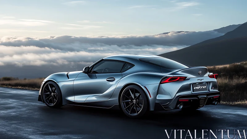 Sleek silver sports car embraces a misty mountain highway