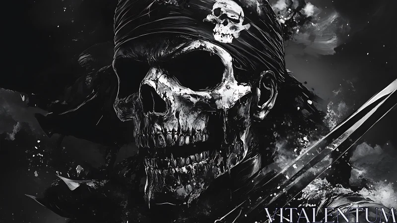 Skull-faced pirate figure is rendered in monochrome profile