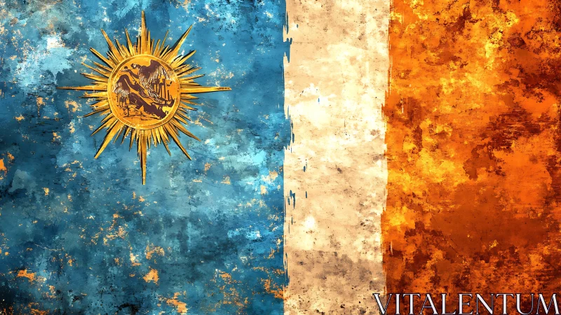 Grunge textured flag with sun emblem and tricolor layout.