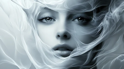 Digital female face is framed by semi‑transparent flowing forms