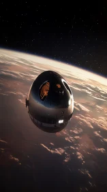 Crew capsule orbiting Earth above glowing twilight clouds.