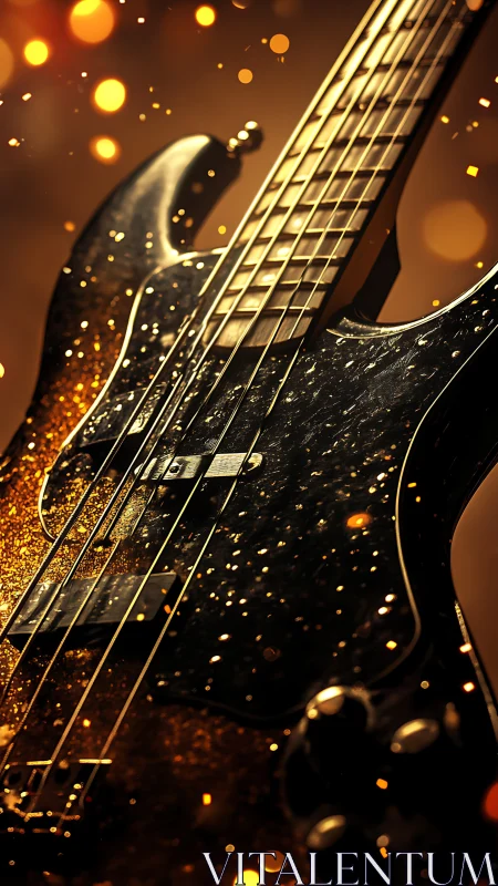 Glittering electric bass guitar amid golden bokeh sparks.