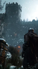 Armored figure observes snow-covered stone tower at dusk