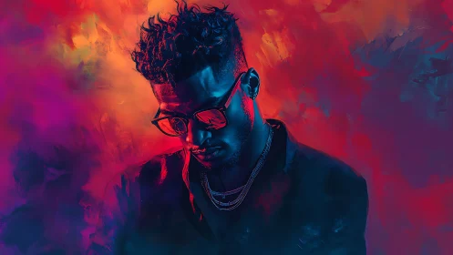 Neon-lit portrait of a stylish man in vivid abstract glow.