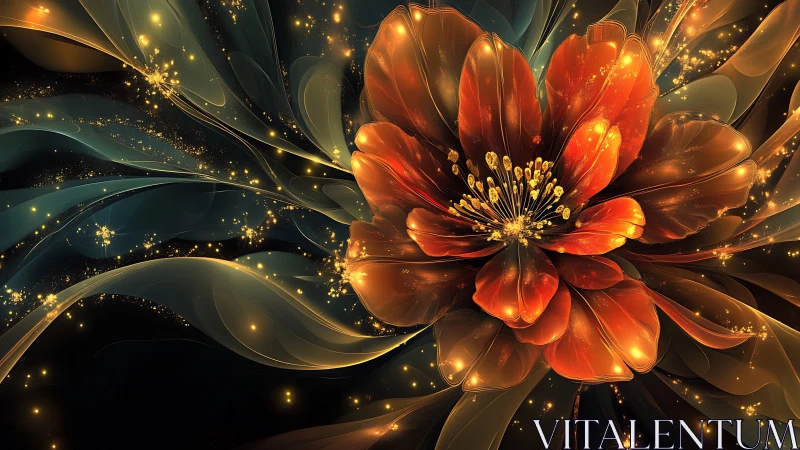 Luminous orange fractal flower over swirling dark backdrop.