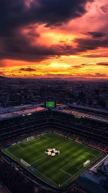 Sunset sky blazes above illuminated football stadium.