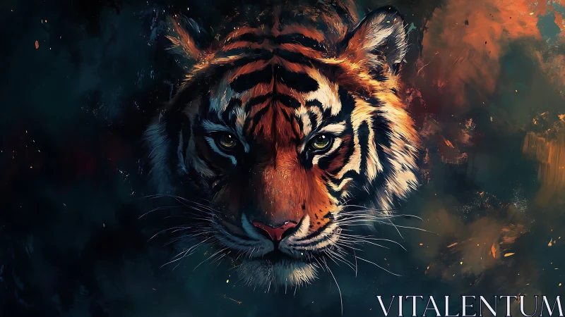 Fierce tiger face emerges from fiery abstract shadows.