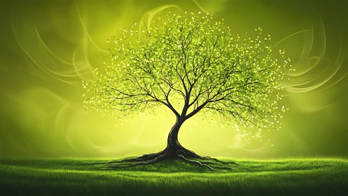 Digital illustration shows solitary green tree on luminous field