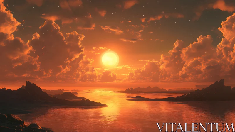 Molten sky over alien sea at blazing crimson sundown.