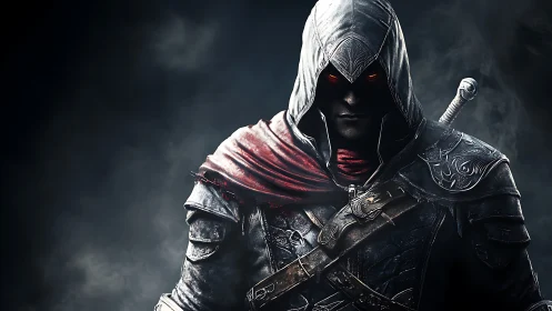 Hooded assassin in ornate armor emerges from smoky darkness