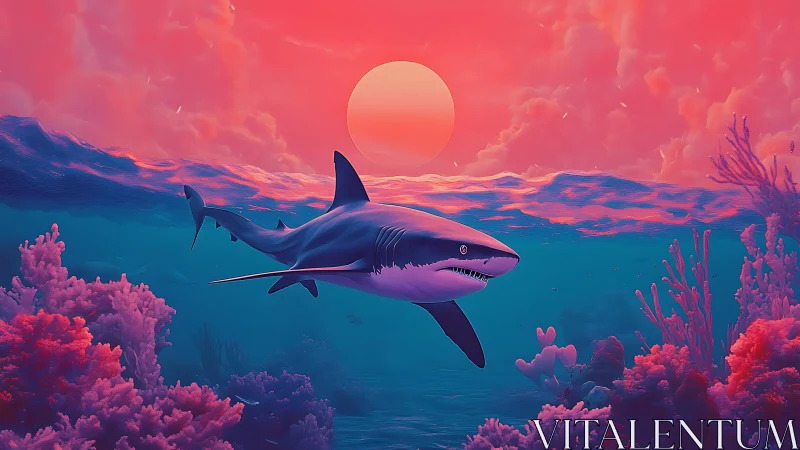 Sunset hunter glides through neon coral dreamscape waters.