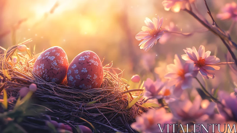 Decorative eggs in nest amid pink flowers at sunrise.