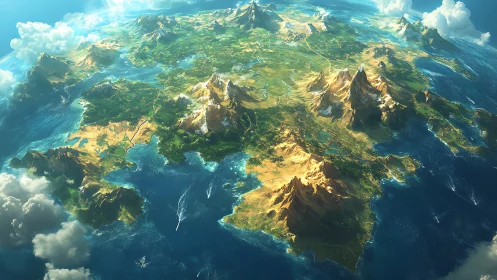Aerial Fantasy Continent with Mountains and Tropical Waters.