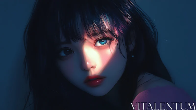 Close-up anime girl portrait in blue and pink light.