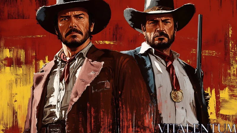 Two stern cowboys stand against bold red painted backdrop.