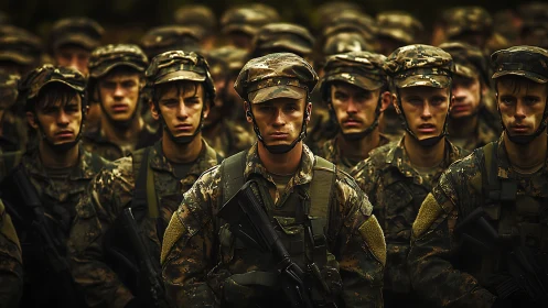 Stoic soldiers in camo ranks under brooding field light.