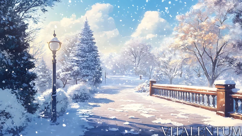 Winter park bridge basks in soft morning snowfall light.