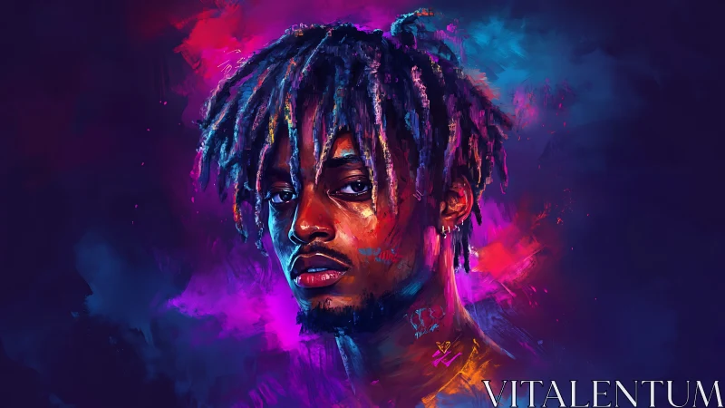 Electric portrait bathed in vivid neon brushstroke glow.